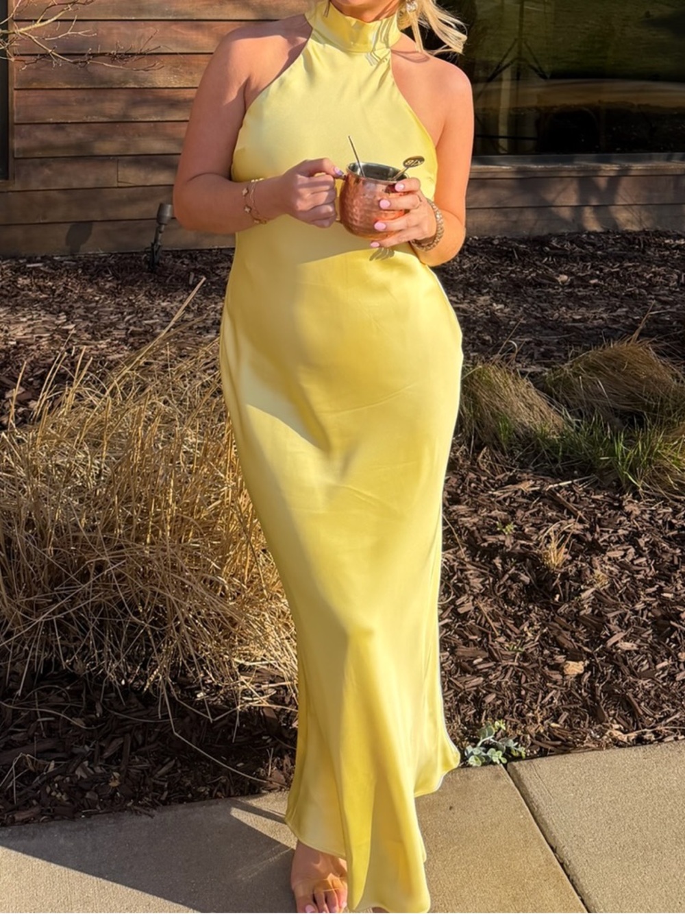 Elegant Yellow Halter Evening Dress - Women